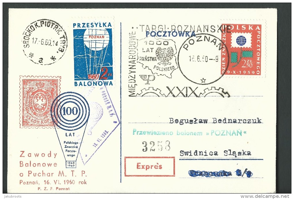 1960. REGISTERED POSTCARD, FREE BALLOON  POST  RACE, " BALON  POZNAN " - Ballonpost