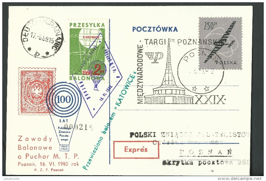 1960-.REGISTERED  POSTCARD. FREE  BALLOON POST RACE. " BALON KATOWICE " - Ballonpost