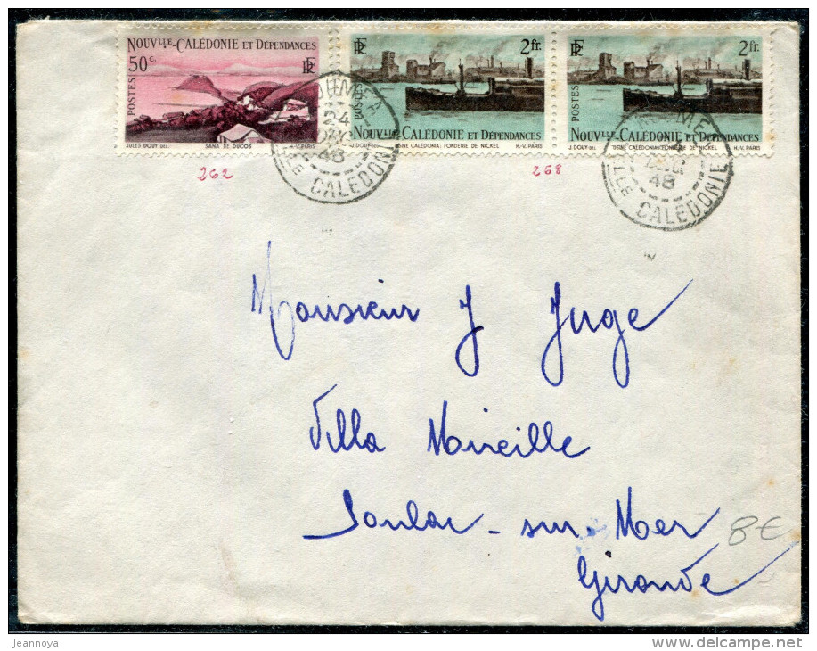 NOUVELLE CALÉDONIE - N° 262 + 268 (2) / LETTRE DE NOUMEA LE 24/12/1948 , POUR LA FRANCE - TB - Covers & Documents