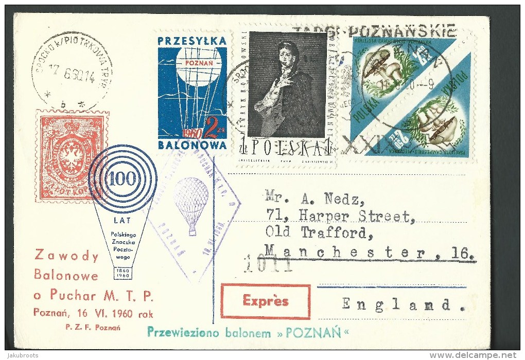 1960. REGISTERED POSTCARD, FREE BALLOON  POST  RACE, " BALON  POZNAN " - Ballonnen