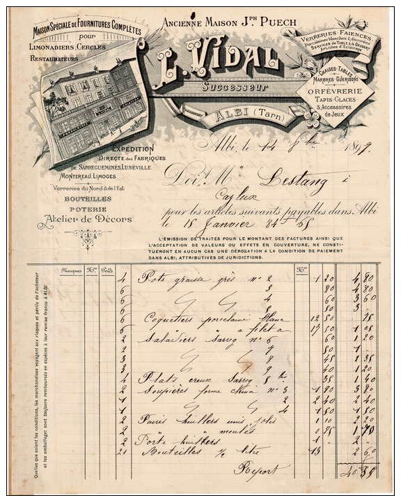 Facture - L. Vidal - Fournitures Completes Limonadiers Restaurateurs Faiences  - Albi - Caylus - 1897 - Timbre - Alimentos