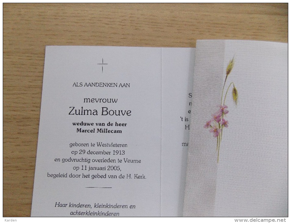 Doodsprentje Zulma Boeve Westvleteren 29/12/1913 Veurne 11/1/2005 ( Marcel Millecam ) - Religion & Esotericism