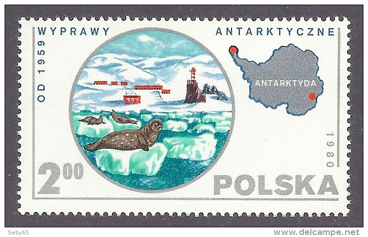 Poland Polska 1980 - Antarctic Expeditions, Paysage, Landscape, Base, Glaciers, Seals, Map  MNH - Neufs