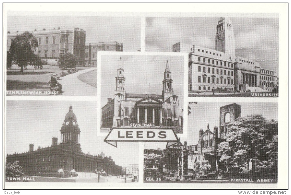 Postcard Leeds Multiview Civic Hall Kirkstall Abbey University Temple Newsam Repro - Leeds