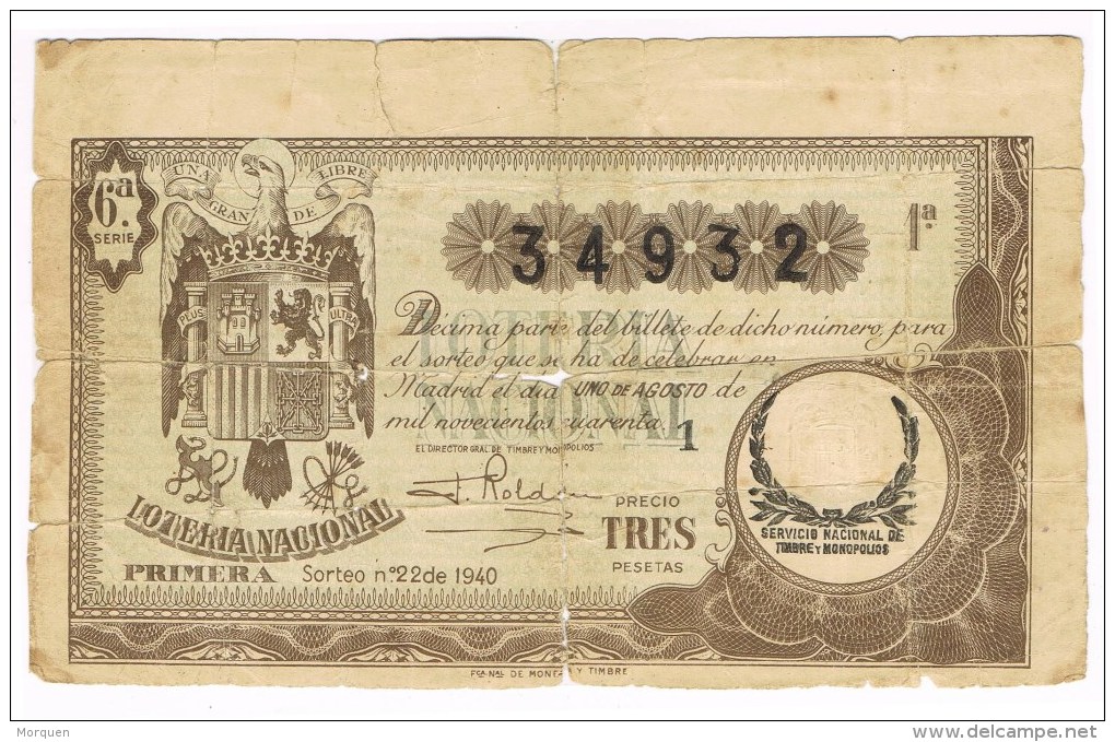 9422. Billete Loteria Nacional 1 Agosto 1940 - Billetes De Lotería