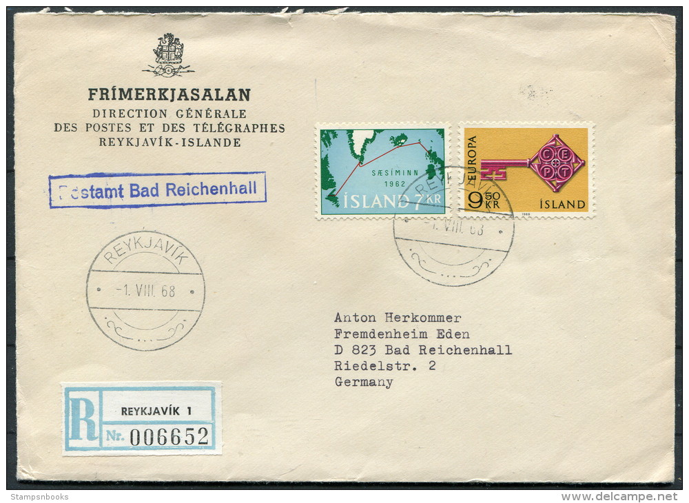 1968 Iceland Reykjavik Registered Europa Cover - Bad Reichenhall, Germany - Briefe U. Dokumente