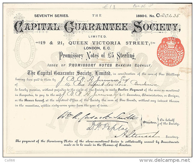 1880 Capital Guarantee Society Queen Victoria St London Promissory Notes Of 5£ Sterling Billet à Ordre With Fiscal Stamp - United Kingdom