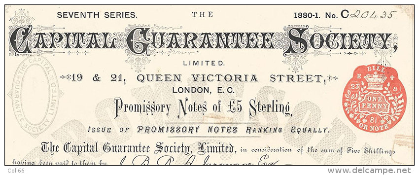 1880 Capital Guarantee Society Queen Victoria St London Promissory Notes Of 5£ Sterling Billet à Ordre With Fiscal Stamp - Regno Unito