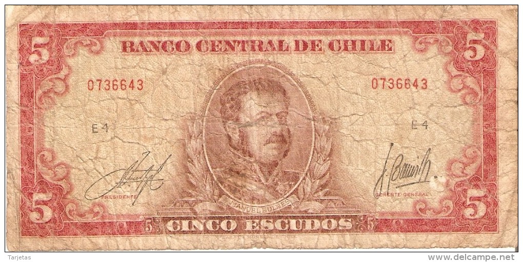 BILLETE DE CHILE DE 5 ESCUDOS DE MANUEL BULNES (BANK NOTE) - Chile