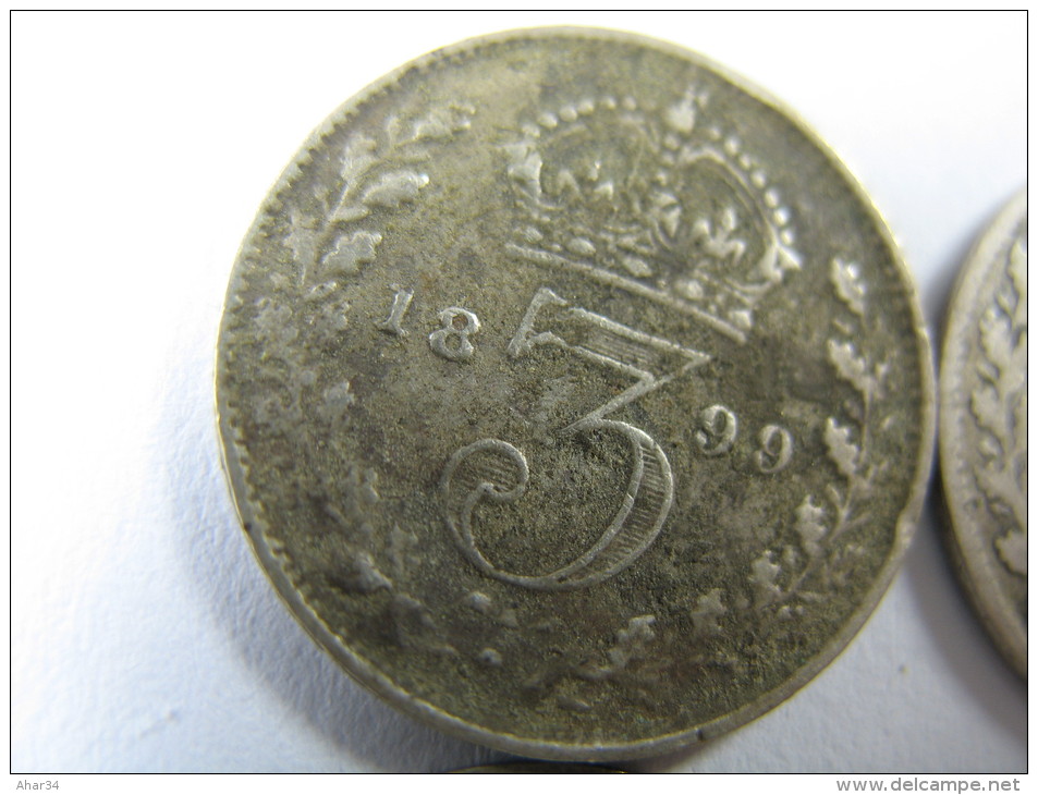 UK GREAT BRITAIN 3 PENCE VICTORIA  THREEPENCE SILVER YEARS AROUND 1895 ALL 6 COINS . LOT 25 NUM 6 - F. 3 Pence