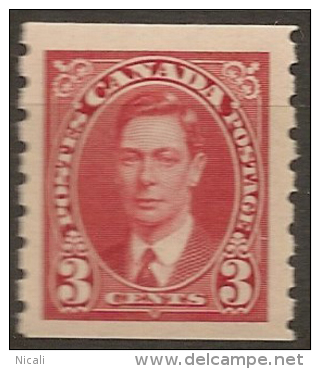 CANADA 1937 3c KGVI Coil SG 370 UNHM #BZ62 - Coil Stamps