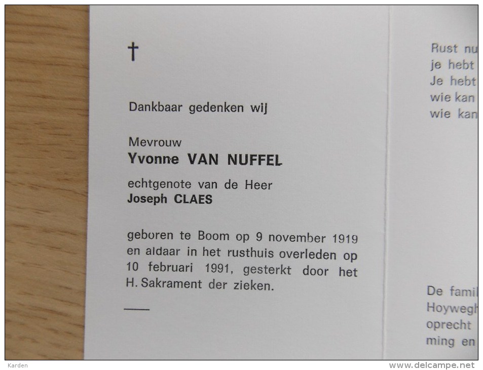 Doodsprentje Yvonne Van Nuffel Boom 9/11/1919 - 10/2/1991 ( Joseph Claes ) - Religione & Esoterismo