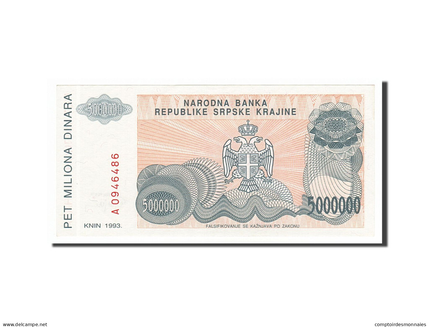Billet, Croatie, 5 Million Dinara, 1993, SPL - Croacia