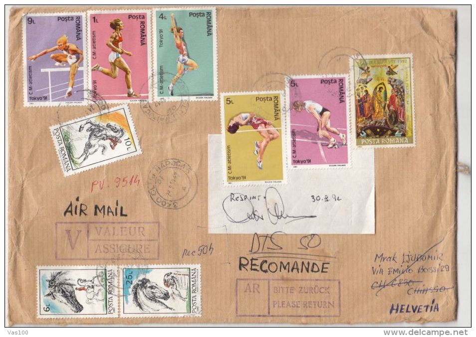 STAMPS ON REGISTERED COVER, NICE FRANKING, ATHLETICS, HORSE, PERSONALITIES, WAX SEALS, 1992, ROMANIA - Briefe U. Dokumente