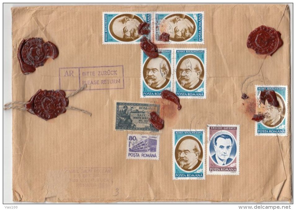 STAMPS ON REGISTERED COVER, NICE FRANKING, ATHLETICS, HORSE, PERSONALITIES, WAX SEALS, 1992, ROMANIA - Storia Postale