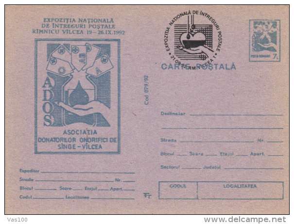 BLOOD DONATIONS, PC STATIONERY, ENTIER POSTAL, 1992, ROMANIA - First Aid
