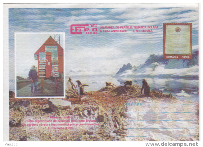 ALMIRANTE BROWN ANTARCTIC STATION, PENGUINS, COVER STATIONERY, ENTIER POSTAL, 1998, ROMANIA - Bases Antarctiques