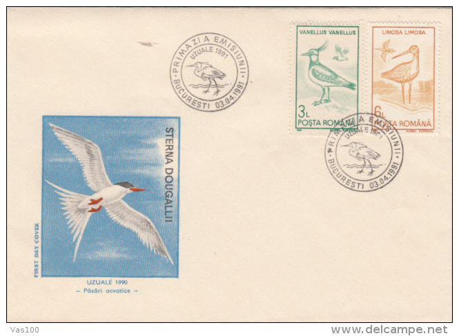 BIRDS, ROSEATE TERN, LAPWING, GODWIT, COVER FDC, 1991, ROMANIA - Marine Web-footed Birds