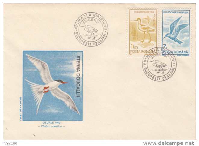 BIRDS, ROSEATE TERN, PIED AVOCET, WHISKERED TERN, COVER FDC, 1991, ROMANIA - Marine Web-footed Birds