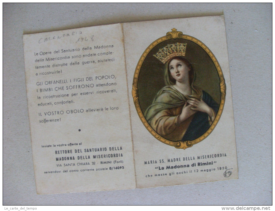 Calendarietto/calendario Santino Maria SS. Madre Della Misericordia "La Madonna Di Rimini" 1948 - Formato Grande : 1941-60