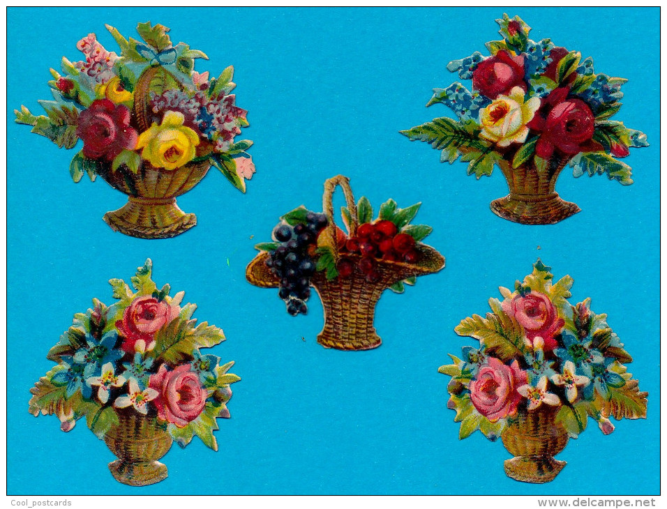 LOT 5 VICTORIAN SCRAP, BASKET OF FLOWERS, DECOUPIS  ANCIENS GAUFRE, PANIER AVEC FLEURS,, EX Cond, 5 X 4.5 Cm - Flowers