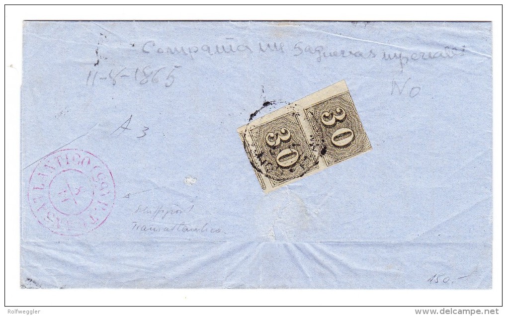 Brasilien Brief Von Pernambuco Nach Figueira Frank Rückseite Senkrechtes Paar 30 Reis Transatlantico Stempel - Lettres & Documents