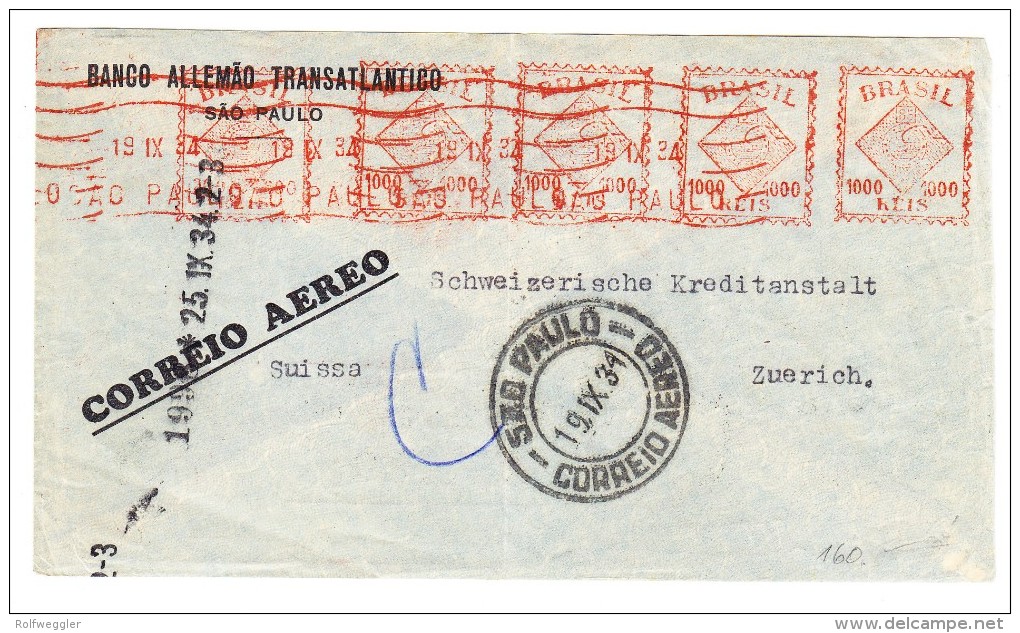 Brasilien - Zeppelin Brief 19.9.1934 Von Sao Paulo 5 X 1000 Reis Freistempel Nach Bank In Zürich - Poste Aérienne