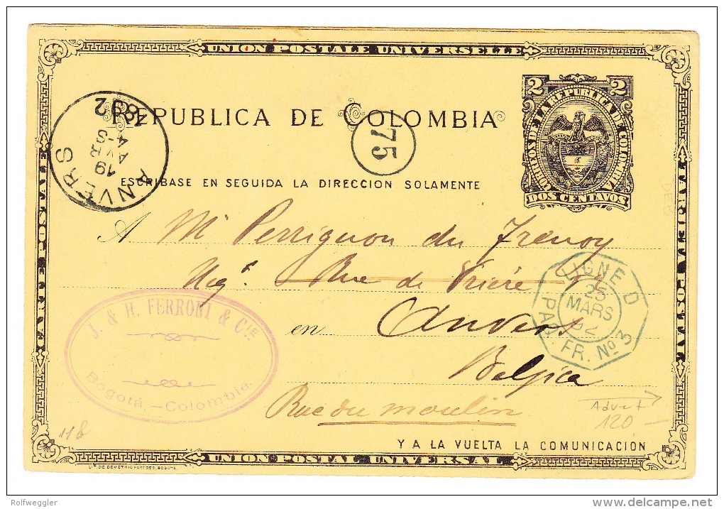 Kolumbien - UPU Ganzsache Bogota 1892 Nach Anvers B - Bedruckt Mit Briefmarken Angebot - Ligne D - Colombie