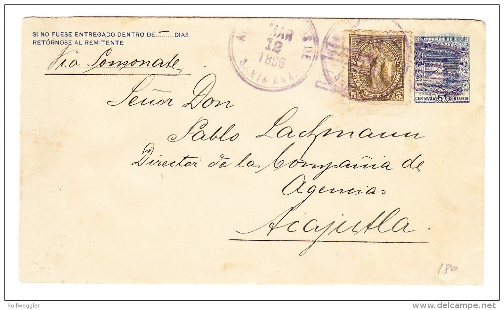 El Salvador Ganzsachen Brief 5 Centavos Blau Mit Zusatz 5 C Braun Auf Brief 12.3.1898 Nach Acajutla - Salvador
