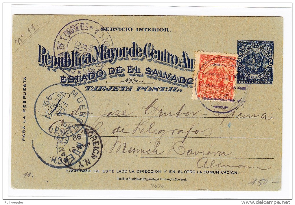 El Salvador Ganzsachen Karte 2 Centavos Blau Mit Zusatz 1 C Orange 1898 Nach München - Salvador