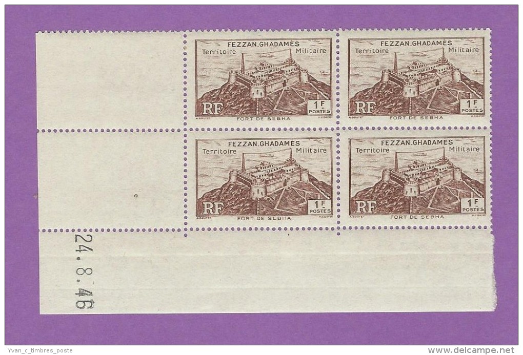 COLONIES FRANCAISES FEZZAN TIMBRE N° 30 NEUF SANS CHARNIERE FORT DE SEBHA COIN DATE 24.08.1946 - Unused Stamps