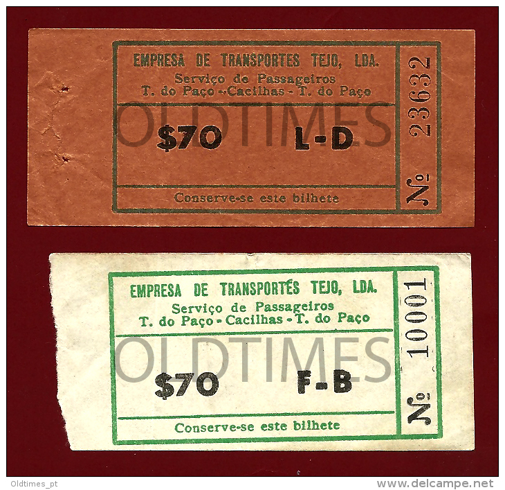 PORTUGAL - BILHETE CAPICUA - LOTE 2 PCS - CACILHAS - TERREIRO DO PAÇO - EMPRESA TRANSPORTES TEJO - OLD TICKET - Europe