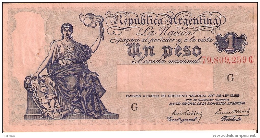 BILLETE DE ARGENTINA DE 1 PESO EMISION GOBIERNO NACIONAL SERIE G  (BANKNOTE) - Argentina