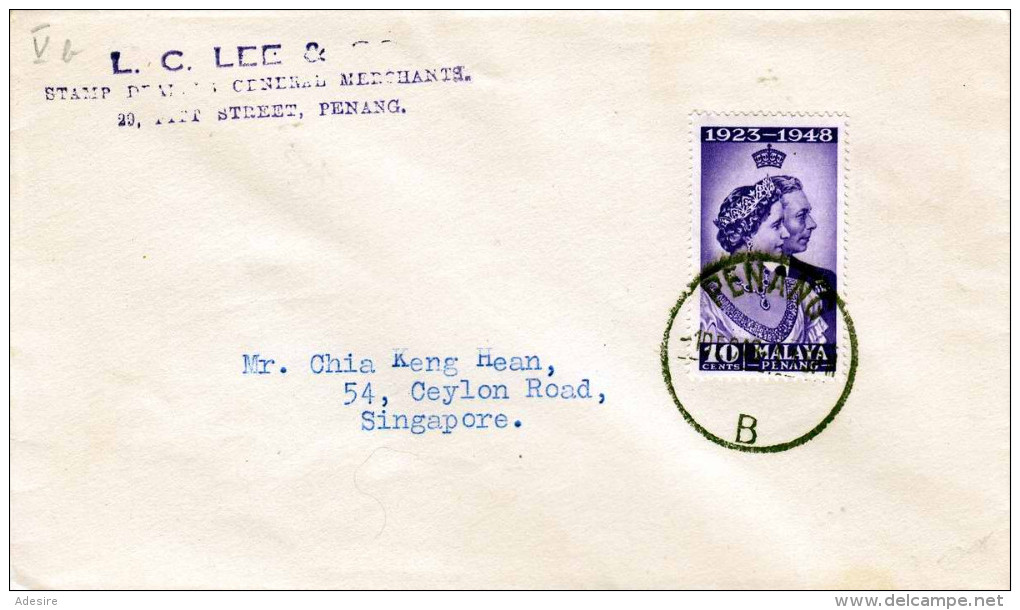 MALAYA 1948, 10C Auf Brief Von Panang Nach Singapore - Federation Of Malaya