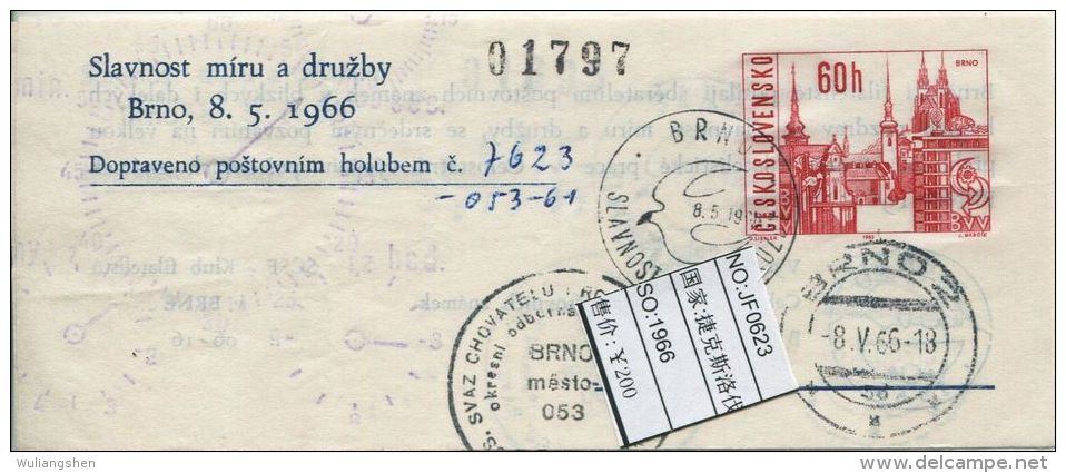 JF0623 Czechoslovakia 1966 Mail Delivery Carrier Pigeon Cover MNH - Luchtpostbladen