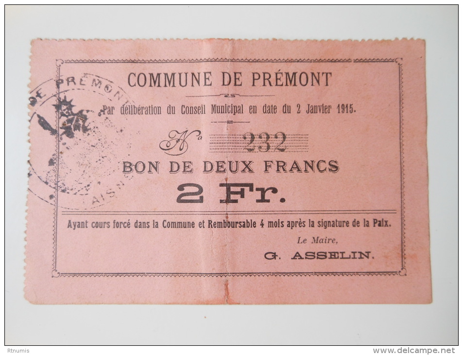 Aisne 02 Prémont , 1ère Guerre Mondiale 2 Francs 2-1-1915 R - Bons & Nécessité