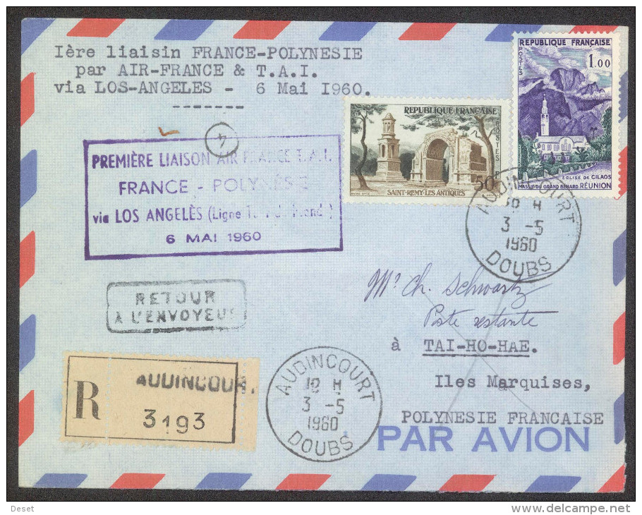 France - Polynesie 1960 First Flight Registered Cover By Air France & T.A.I. Via Los Angeles - Primeros Vuelos