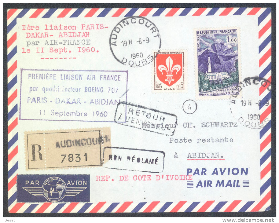 Air France 1960 Paris - Dakar - Abidjan Boeing 707 First Flight Registered Cover - Primeros Vuelos