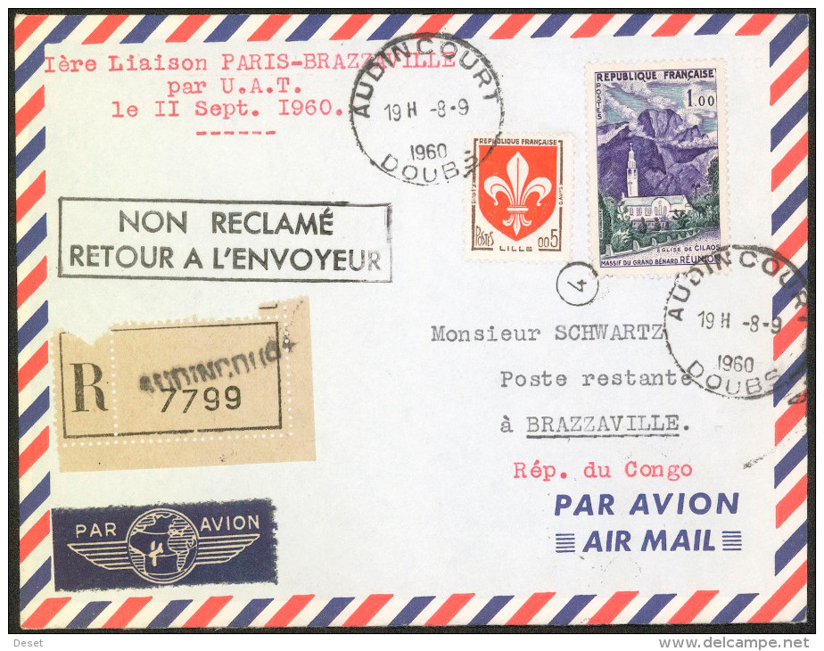 UAT 1960 Paris - Brazzaville First Flight Registered Cover - Primeros Vuelos