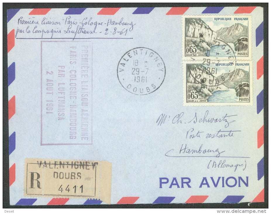 Lufthansa 1961 Paris - Cologne - Hambourg First Flight Registered Cover - First Flight Covers