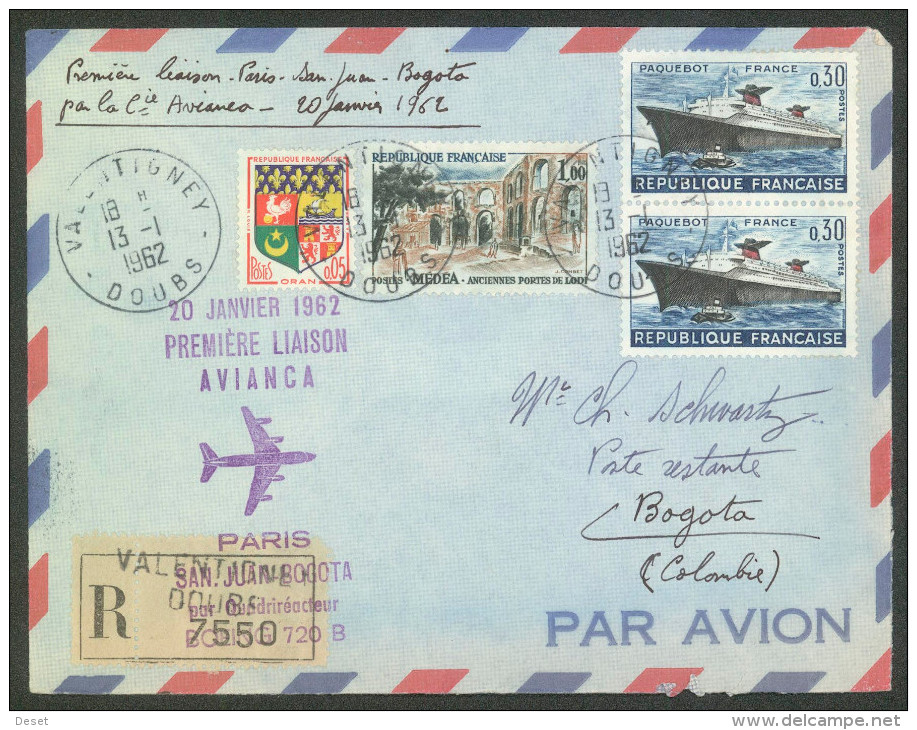 Avianca 1962 Paris - San Juan - Bogota Boeing 720B First Flight Registered Cover - First Flight Covers