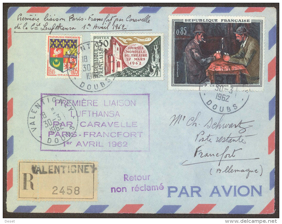 Lufthansa 1962 Paris - Frankfurt Caravelle First Flight Registered Cover - First Flight Covers