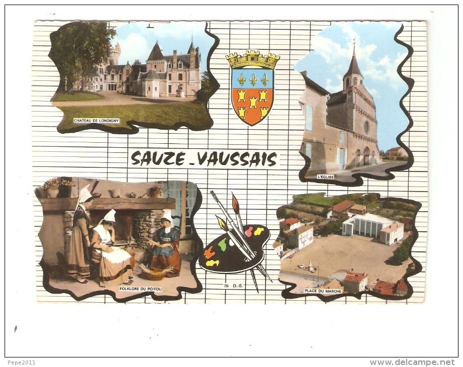 CPA   : 79 - Sauze - Vaussais : Multivues ( 4 ) : Château Londigny - Eglise - Folklore Poitou - Place Du Marché - Sauze Vaussais