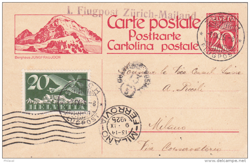 Entier Postal Avec Affranchissement Complémentaire Aviation -9.IX.1925 - Linéaire Zürich-Mailand - Sonstige & Ohne Zuordnung