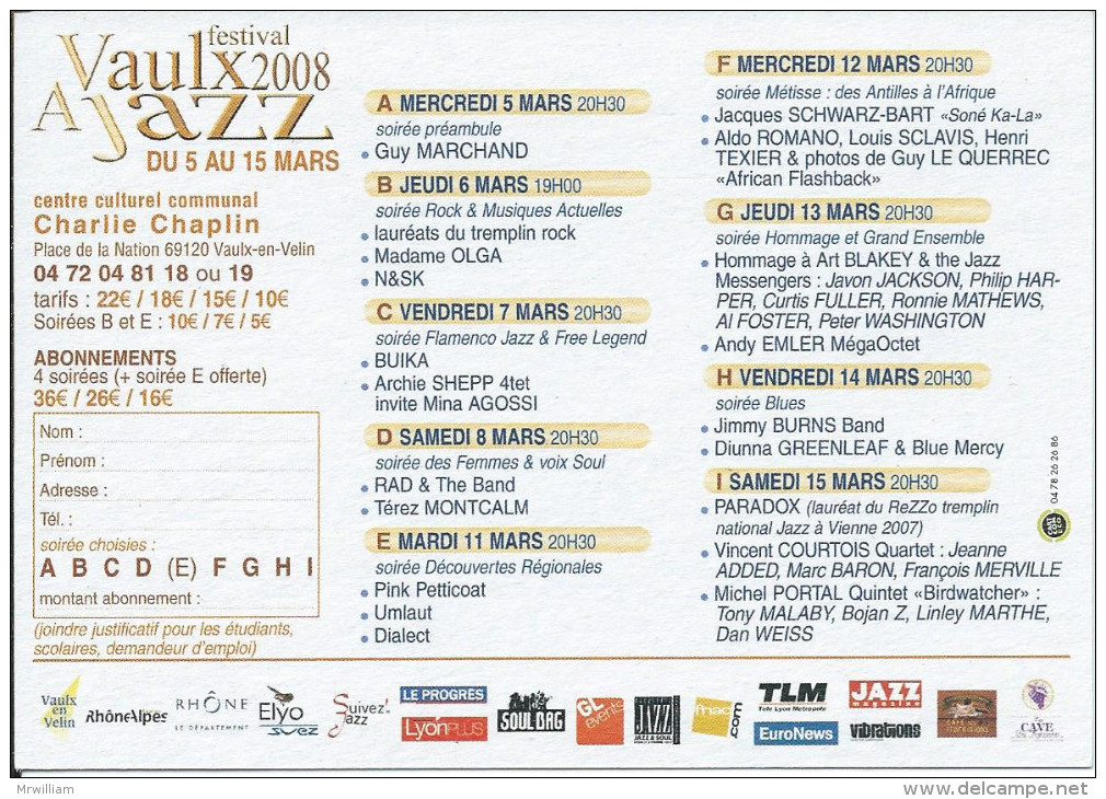 Carte Pub VAULX-en-VELIN 69, A Vaulx JAZZ (5 - 15 Mars 2008) Centre Culturel Communal Ch. Chaplin ( Programmation) - Vaux-en-Velin