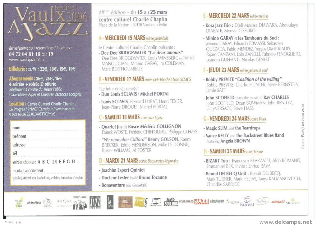 Carte Pub VAULX-en-VELIN 69, A Vaulx JAZZ (15 - 25 Mars 2006) Centre Culturel Communal Ch. Chaplin ( Programmation) - Vaux-en-Velin