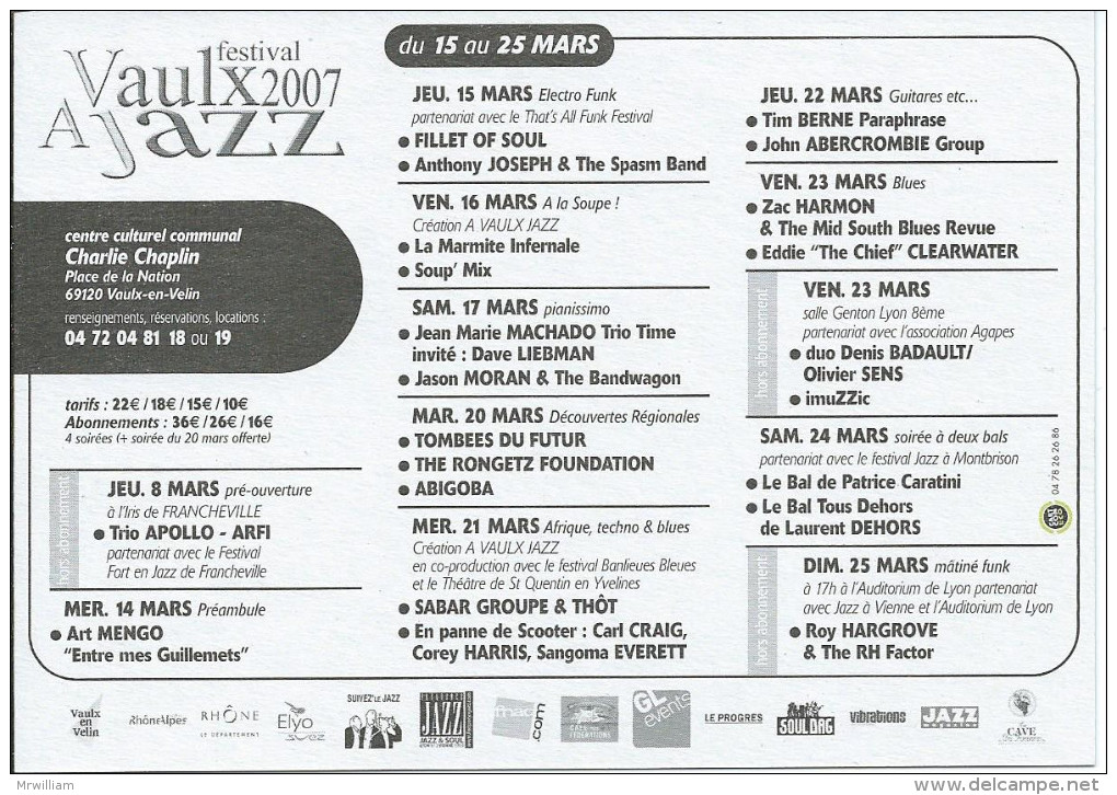 Carte Pub VAULX-en-VELIN 69, A Vaulx JAZZ (15 - 25 Mars 2007) Centre Culturel Communal Ch. Chaplin ( Programmation) - Vaux-en-Velin