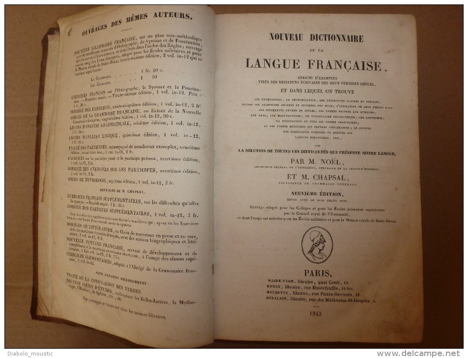 1843  NOUVEAU DICTIONNAIRE DE LA LANGUE FRANCAISE ( reliure cuir)  par M. Noël et M. Chapsal