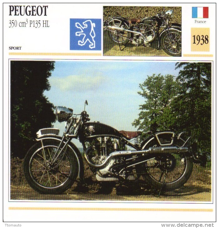 Fiche Moto  -  Peugeot 350 P135 HL  -  1938  -  Carte De Collection - Motorfietsen