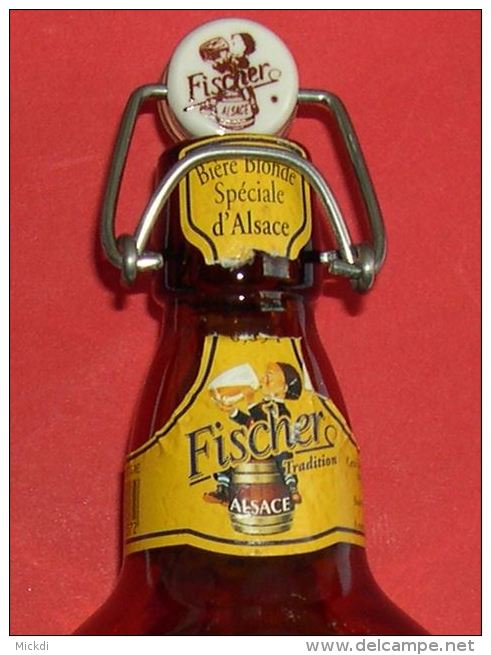 BOUTEILLE EN VERRE BIERE FISCHER ANCIEN BOUCHON PORCELAINE FISCHER ALSACE - 2 SCANS - Birra